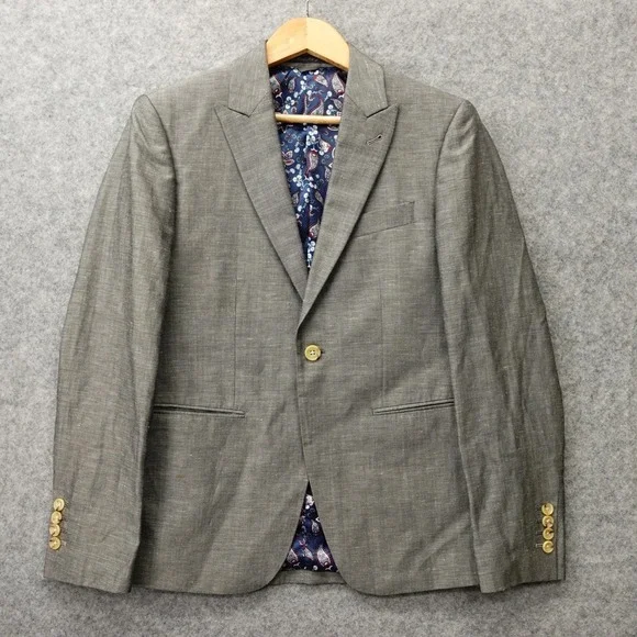 Indochino Blazer Mens 36S Gray Linen Wool Custom Jacket Peak Lapel Surgeon Cuffs